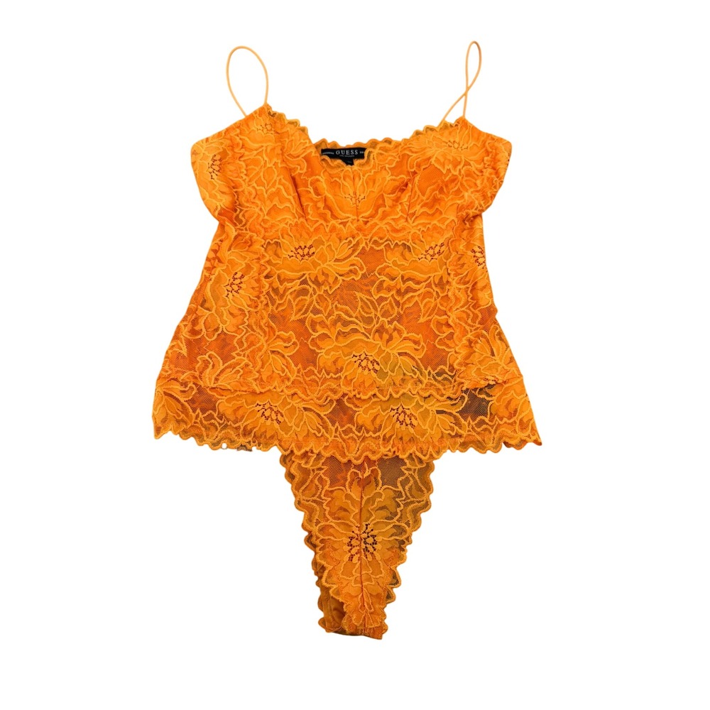 GUESS Orange Floral Lace Bodysuit Medium Sheer Y2K Going Out Festival Top